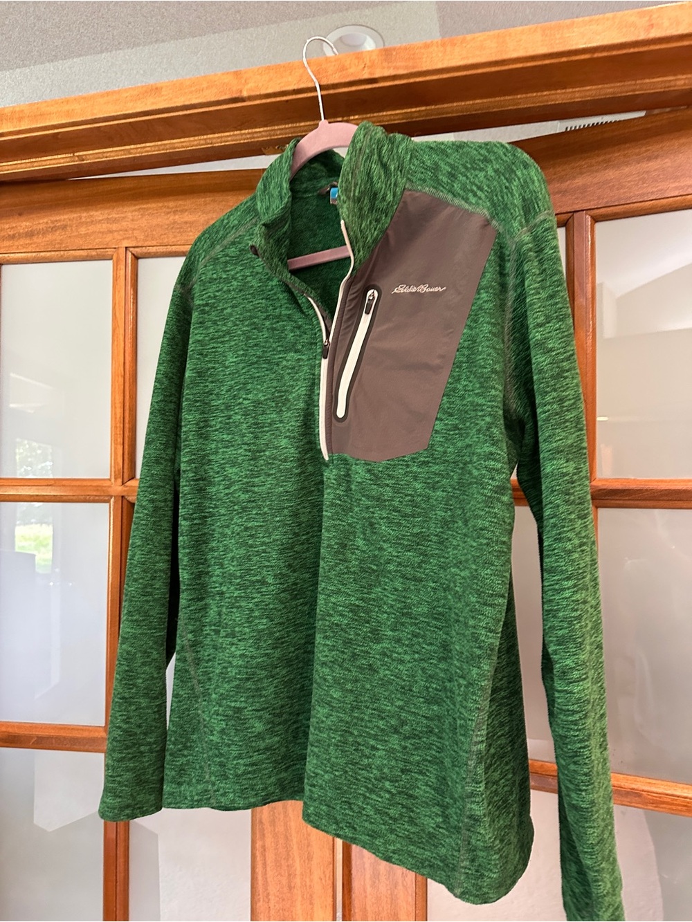Eddie Bauer Green Heather Quarter-Zip Pullover with Contrasting Chest Panel
